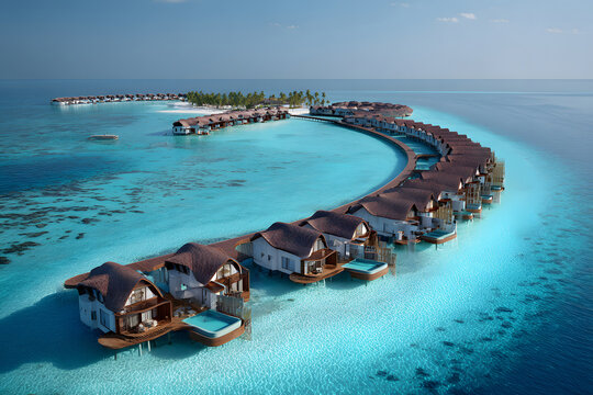 Beautiful overwater bungalows surrounded by clear blue waters in a tropical paradise - Powered by Adobe