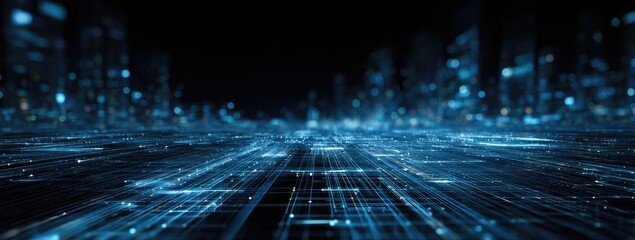 Digital cityscape with glowing blue lines and blurred structures