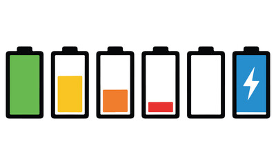 Battery Charge Levels Icons – Energy, Charging, and Power Indicator Illustrations