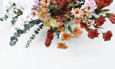 Flower background. Flowers bouquet on wall, isolated on white
