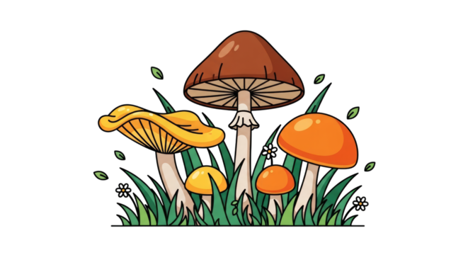 Cute cartoon fungi different types mushrooms illustration on transparent background