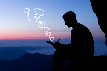 Inspired entrepreneur sketching ideas and questions during a breathtaking sunrise over misty mountains, capturing moments of innovation and discovery