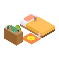 中学・高校生の女の子の部屋（シングルベッド・学習机）のアイソメトリック素材