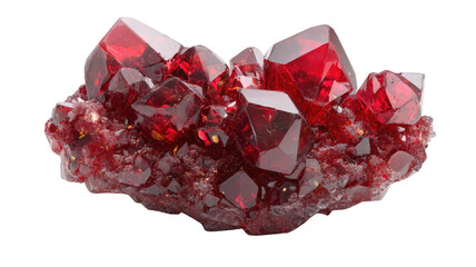  Vibrant red crystal cluster with sparkling facets and natural geometric formations, detailed mineral specimen isolated on white background