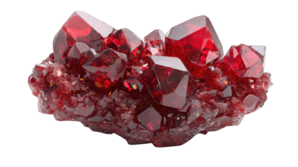 Vibrant red crystal cluster with sparkling facets and natural geometric formations, detailed mineral specimen isolated on white background