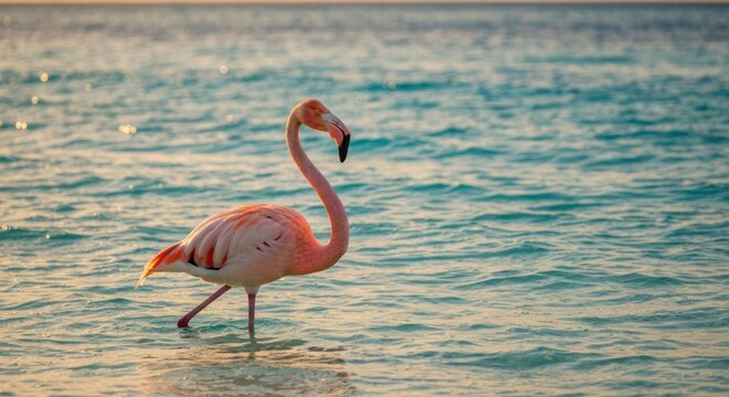 Pink flamingo wading in shallow, sunlit turquoise water, serene tropical scene