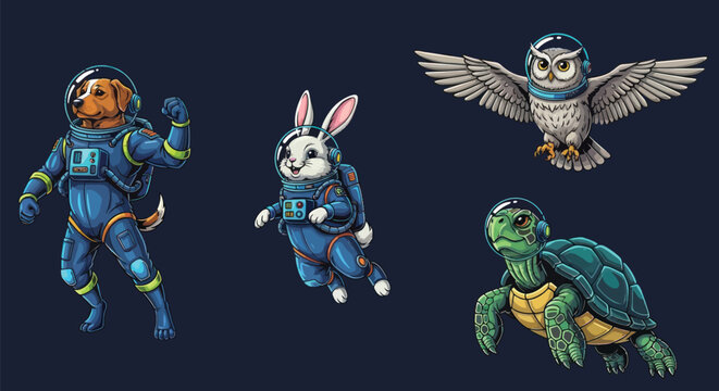 Adorable dog, bunny, owl, and turtle astronauts explore the cosmos in vibrant, playful space suits