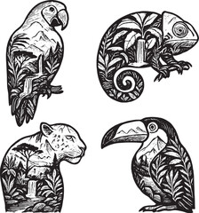 Jungle Animals Double Exposure Vector Illustration.eps