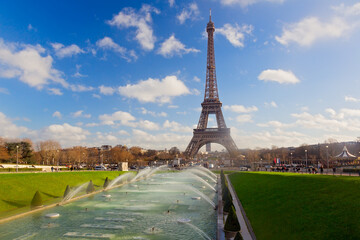 Panoramic view of Paris Eiffel Tower and Trocadero Garden in Paris, France
