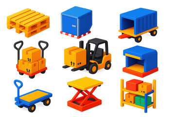 Airport Logistics Icons. 3D icon set of airport logistics: pallets, cargo containers, dollies, forklifts, loading docks, storage