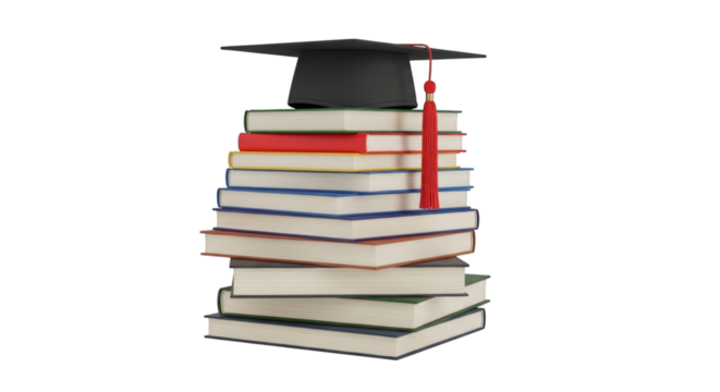 Graduation cap on books stack education and learning concept on transparent background