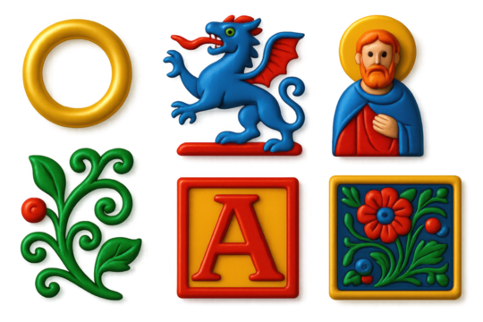 Vibrant Manuscript Icon Set. 3D icon set of manuscript illumination motifs: gold halo, mythical beast margin, saint icon, vine