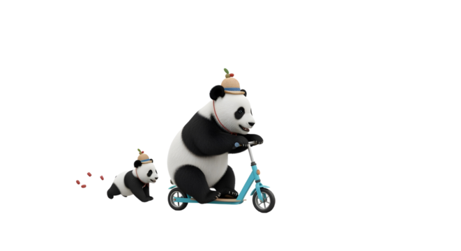 Adorable 3D pandas, parent riding scooter with baby running, playful family fun concept. isolated PNG with Transparent Background