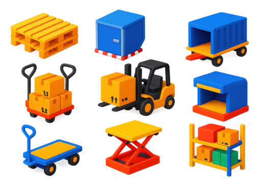 Airport Logistics Icons. 3D icon set of airport logistics: pallets, cargo containers, dollies, forklifts, loading docks, storage