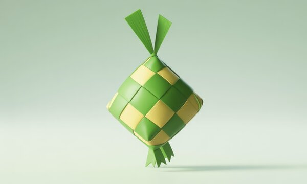 Rendered 3D Ketupat Rice Cake, traditional Malaysian food on green background
