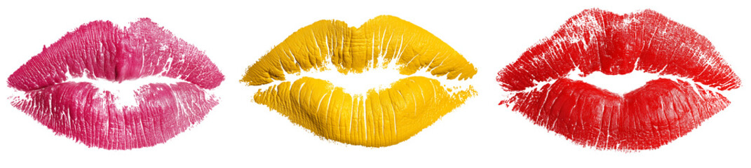 Set of, yellow, pink and red lipstick mark kiss isolated on white and transparent background, cut out png
