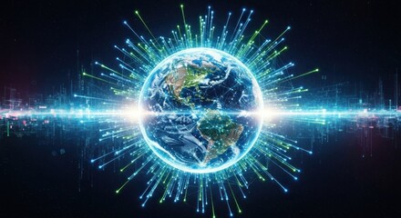 A vibrant, futuristic Earth globe with a digital network of connections and data streams emanating from it.