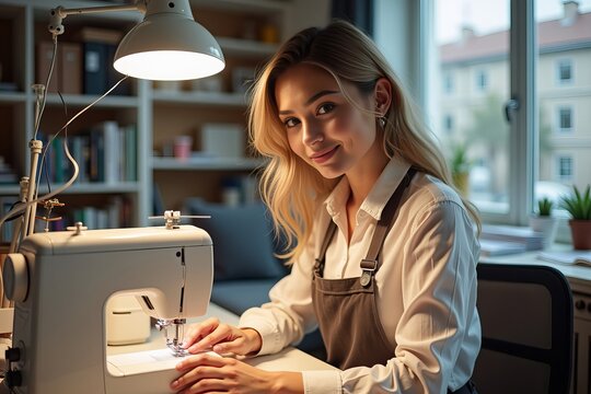 Capturing the Creative Essence: A Young Female Fashion Designer in her Modern Studio, Sewing and Posing for the Camera with Style