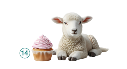 Cute newborn lamb and sweet pink cupcake celebrating a birthday or Easter holiday. isolated PNG with Transparent Background