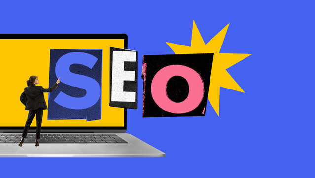 Abstract collage. Businesswoman pointing at large textured SEO letters on laptop screen. Concept of ranking strategy, keyword planning, site optimization, and brand visibility.