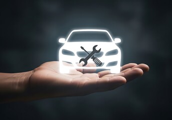 Hand holding a glowing car service icon