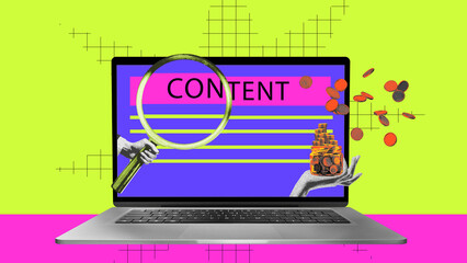Modern artwork. Laptop with content page, magnifying glass, and flying coins. Concept of SEO value, content monetization, revenue growth, and digital strategy.