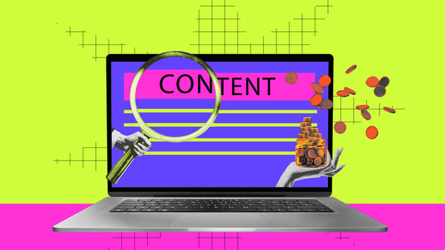 Modern artwork. Laptop with content page, magnifying glass, and flying coins. Concept of SEO value, content monetization, revenue growth, and digital strategy.