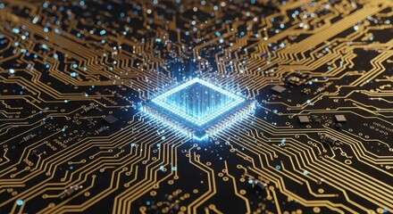 Central processing unit glowing on a circuit board, representing advanced technology.