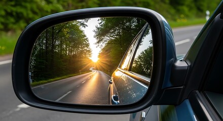 Sunset Reflection in Car Mirror on Road Trip.