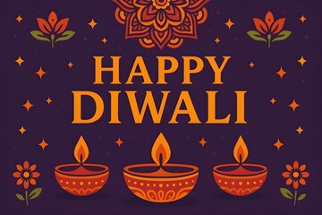 A bright Diwali card showing three glowing oil lamps with floral decorations, symbolizing joy, light, and prosperity during the Festival of Lights.
