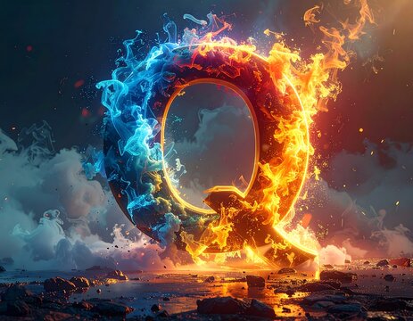 Digit rendering with dramatic contrast icy blue and fiery orange flames encasing a letter Q - Powered by Adobe