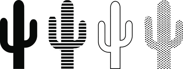 Stylized Cactus Icon Set Featuring Silhouette, Stripe, Outline, and Halftone Techniques for Modern Graphic Design and Visual Variation