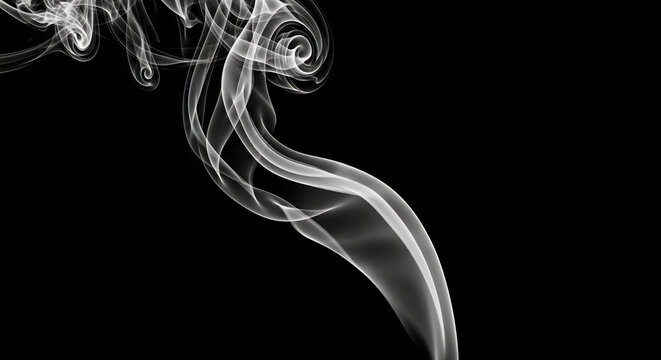 Wisps of white smoke gracefully swirling upwards against a stark black background - Powered by Adobe
