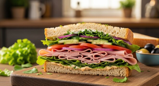 A fresh, colorful sandwich with ham, lettuce, tomato, and cucumber on a whole wheat bun.