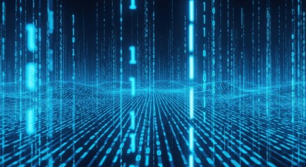 Blue binary code digital landscape with data streams and glowing abstract grid background.