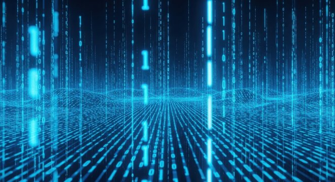 Blue binary code digital landscape with data streams and glowing abstract grid background.