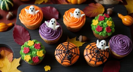 Fototapeta premium Halloween cupcakes with ghost decorations on a dark background.