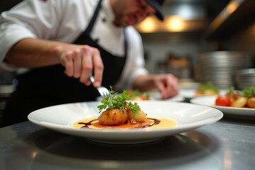 Photo Idea: Capturing a Chef's Precision in Plating a Stunning Dish in a Fine Dining Kitchen.