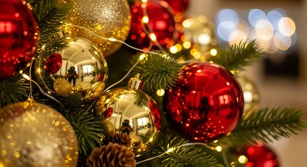 Festive Christmas Tree with Shiny Red and Gold Baubles