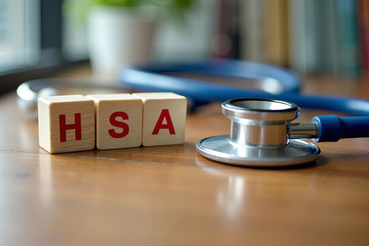 Close-up of wooden blocks arranged as HSA next to stethoscope on table - Powered by Adobe