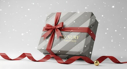 Luxury Christmas Gift Box with Red Ribbon and Snow