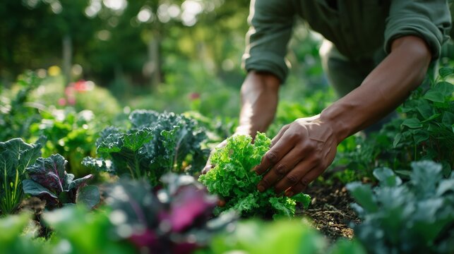 Gardening enthusiast harvests fresh lettuce in a vibrant community garden setting