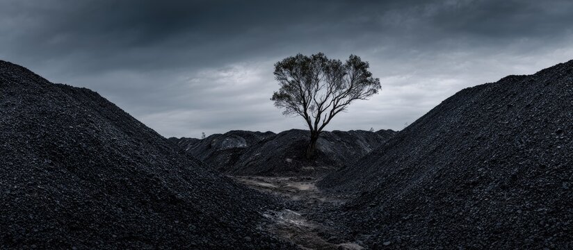 A lone tree stands between two dark mountains under a stormy sky, evoking a sense of desolation - Powered by Adobe