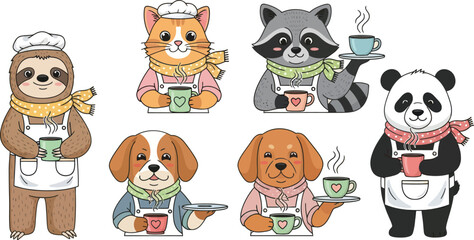 Naklejka premium Charming cartoon animals like a sloth, cat, raccoon, panda, and dogs dressed as baristas serving hot drinks with steaming cups in a delightful scene.