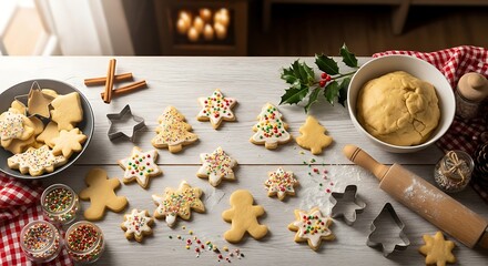 Festive Christmas Cookies Baking with Dough and Sprinkles