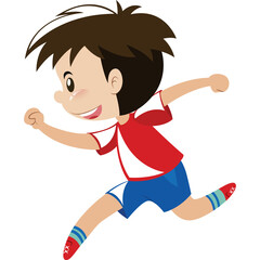 Cartoon young boy running with brown hair wearing red and white shirt blue shorts and striped socks