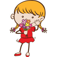 Cartoon young girl with blonde braided pigtails wearing a red dress and red shoes holding a bouquet of colorful flowers