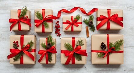 Christmas Gift Boxes with Red Ribbons Flat Lay