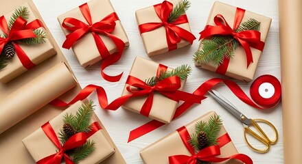 Christmas Gift Wrapping with Kraft Paper and Red Ribbons