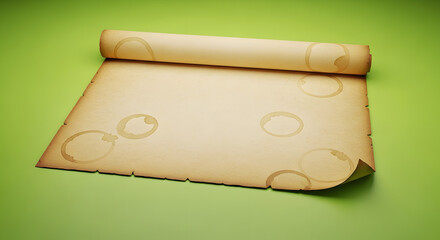 Old parchment scroll with circular stains on a vibrant green background